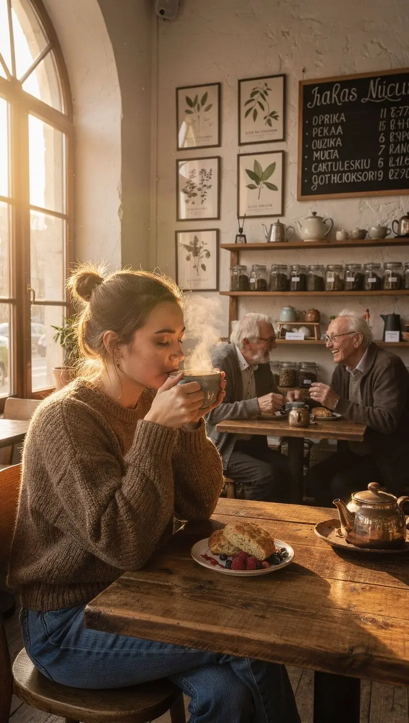 Šilta arbatos puodelio nuotrauka ant medinio stalo, simbolizuojanti kasdienio poilsio ritualą ir ramybės akimirką.