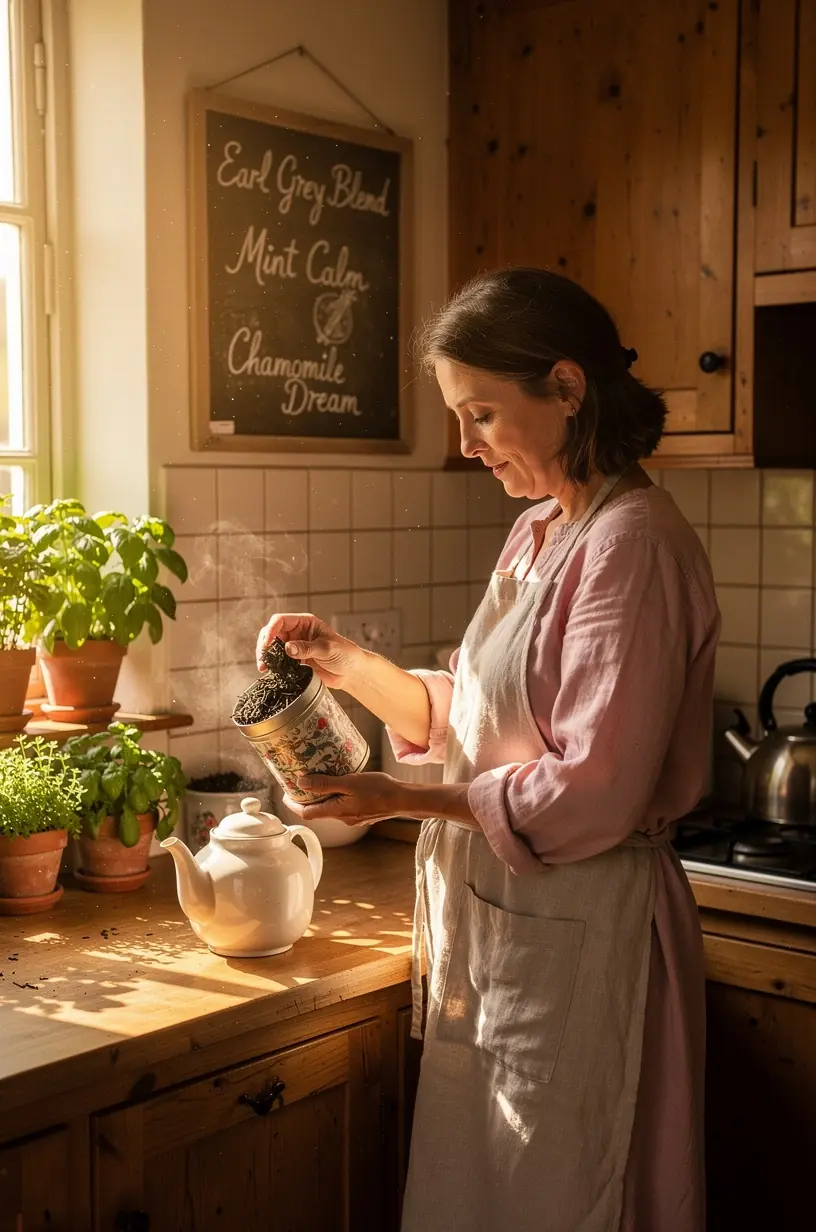 Žmogaus ranka pilantią arbatą į skaidrų arbatinį, perteikianti sveikus gyvenimo būdo pokyčius ir sąmoningą atsipalaidavimą.